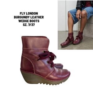 FLY LONDON BURGUNDY LACE UP WEDGE BOOTS SZ. 7/37